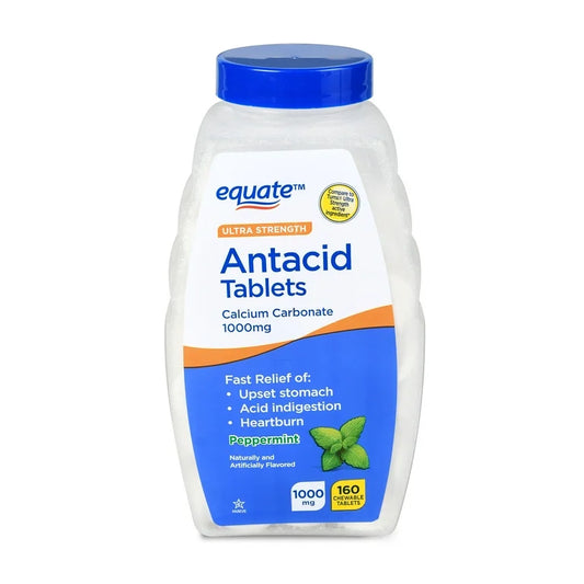 Equate Ultra Strength Antacid | 1000mg Calcium Carbonate | Similar to TUMS | Fast Relief of Upset Stomach, Acid Indigestion, Heartburn | 𝐏𝐞𝐩𝐩𝐞𝐫𝐦𝐢𝐧𝐭 Flavor ~ 160 Chewable Tablets; Exp 03/2027