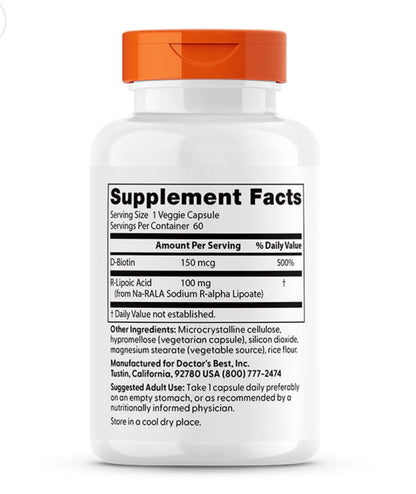 Doctor's Best Stabilized R-Lipoic Acid 100mg | with BioEnhanced Na-RALA | Helps Maintain Blood Sugar Levels | 60 Veggie Caps; Exp 01/2027