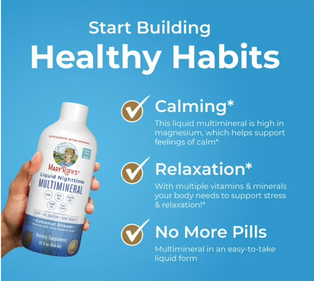 MaryRuth’s Organics Liquid Nighttime Multimineral | For the Whole Family (1 Year & Above) | Bedtime Routine with Magnesium Citrate, Calcium, Zinc, Vitamin D3, MSM, Chromium | Coconut Dream, 22oz/650ml; Exp 04/2027