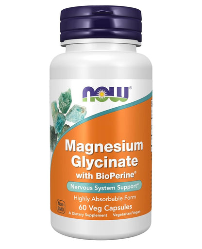 NOW Magnesium Glycinate with BioPerine | Highly Absorbable Form | Sleep Support & Stress Relief | 60 Capsules; Exp 08/2027