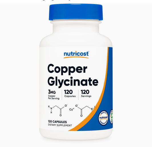 Nutricost Copper Glycinate 3mg | Promotes Structural Health | Essential Trace Mineral | Involved in Connective Tissue Synthesis & Neurotransmitter Production | 120 Tablets; Exp 08/2027