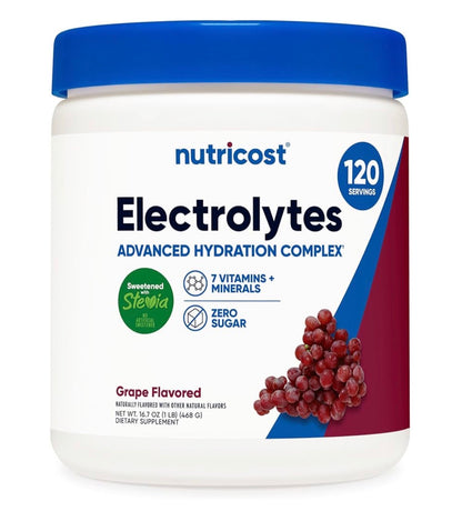 Nutricost Electrolyte Complex Powder | Hydration Drink Mix with Balanced Blend of Electrolytes, Vitamins & minerals | 60 Servings | Grape Flavored~16.7oz/468g; Exp 12/2028