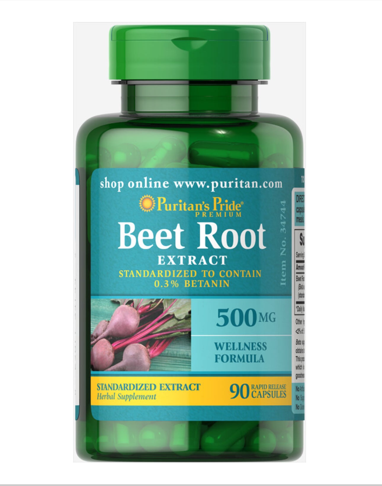 Puritan’s Pride Beet Root Extract 500 mg | Standardized to Contain 0.3% Betanin | 90 Rapid Release Capsules; Exp 04/2028