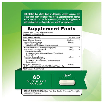 Nature's Truth Super Ginseng Complex | with Royal Jelly | Adaptogenic Blend | Wellness Support | 60 Capsules; Exp 10/2027