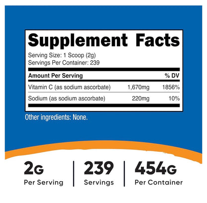 Nutricost Pure Sodium Ascorbate Powder | 2g per Serving | Unflavored; 1 Lb; Exp 09/2028