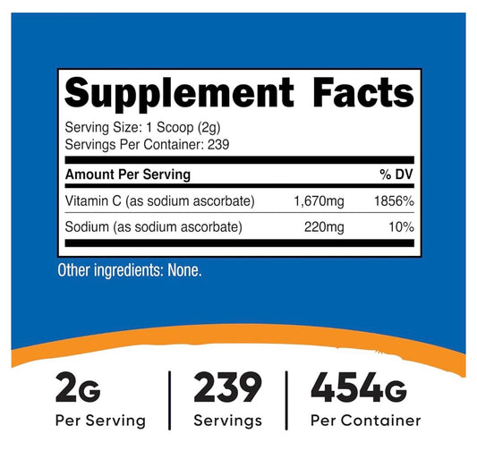 Nutricost Pure Sodium Ascorbate Powder | 2g per Serving | Unflavored; 1 Lb; Exp 09/2028