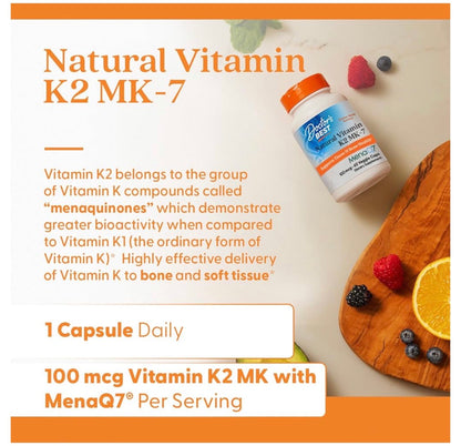 Doctor's Best Natural Vitamin K2 100 mcg (MK-7) | Tissue & Bone Health Support | 60 Capsules; Exp 09/2027