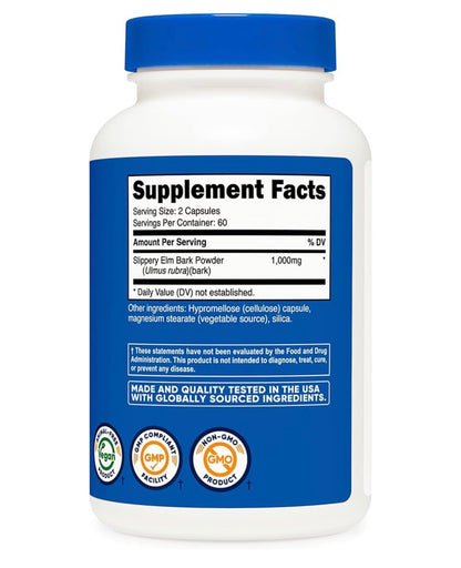 Nutricost Slippery Elm Bark 1000mg | Helps Coat and Sooth Irritated Mucosa of the Gastrointestinal Tract | Helpful in GERD, Stomach Ulcers & Gastric Erosions | 120 Capsules; Exp 07/2028