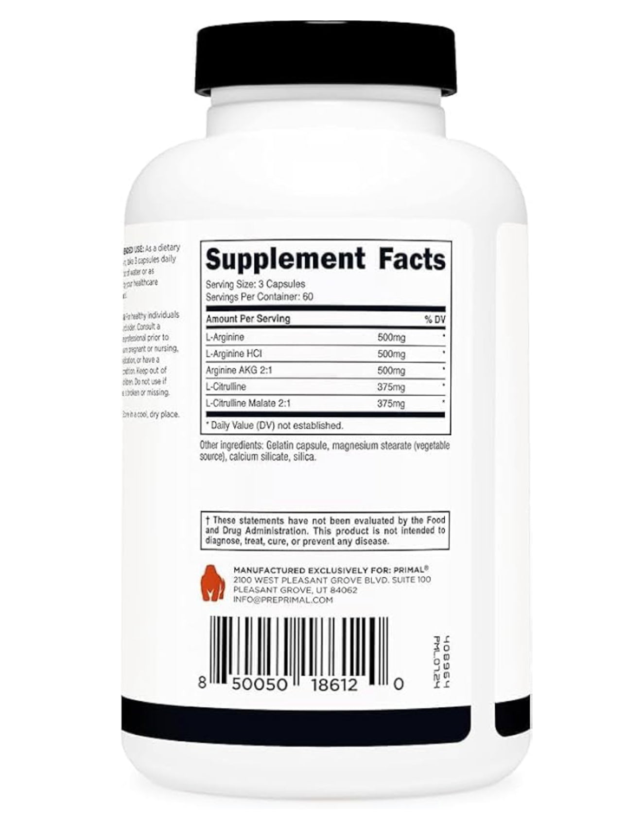PRIMAL Nitric Oxide Booster 2250mg | L-Arginine & L-Citrulline Malate | 750mg Per Capsule | 60 Servings | 180 Capsules; Exp 07/2027