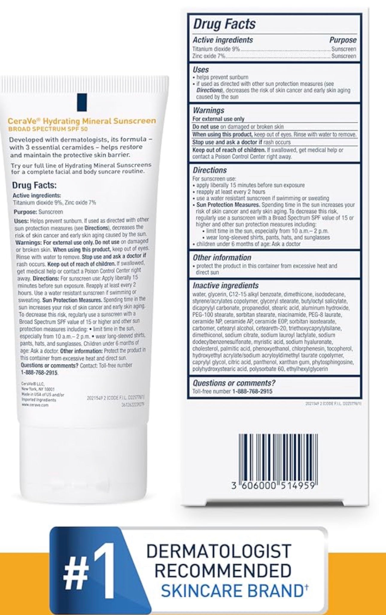 CeraVe 100% Mineral Sunscreen SPF 50, Face sunscreen With Zinc Oxide & Titanium Dioxide, Hyaluronic Acid + Niacinamide + Ceramides | 2.5oz; Exp 04/2026
