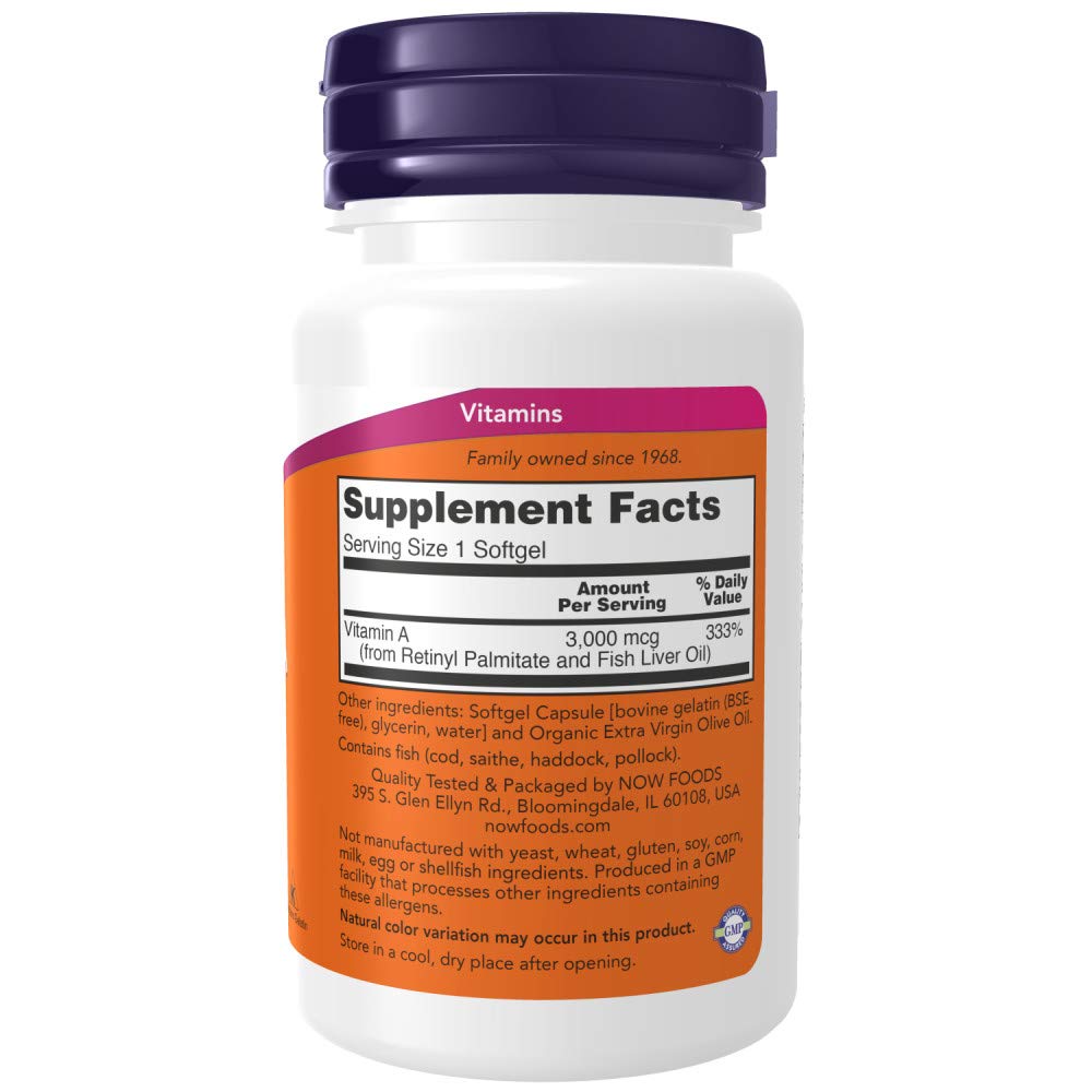 NOW Vitamin A 3000 mcg (10,000 IU) | Eye Health | Essential Nutrition | 100 Softgels Exp 07/2027