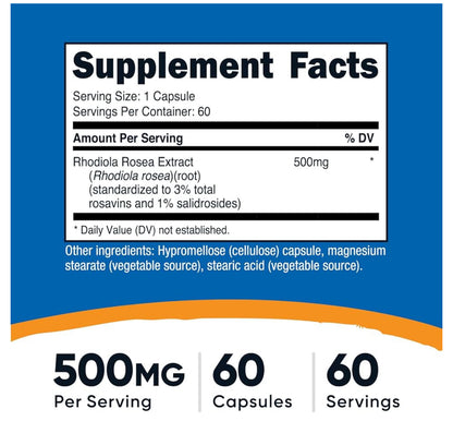 Nutricost Rhodiola Rosea 500mg | Promotes Healthy Energy Levels & Mood | Helps Mind & Body Adapt to Stress of Daily Life | Supports Healthy Brain Function | 60 Capsules; Exp 06/2028
