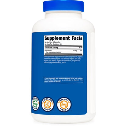 Nutricost Magnesium Lactate 210mg | Supports Muscle & Bone Health | Better Tolerated & Easier on the Stomach | 180 Capsules; Exp 10/2028