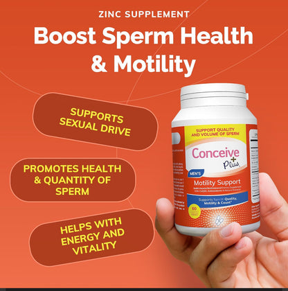 CONCEIVE PLUS Motility Support for Men | Formulated to Boost Sperm Volume & Motility | Vitamin D, Vitamin E, Zinc, Spermidine, Antioxidants | Enhances Sex Drive | 60 Capsules; Exp 08/2027