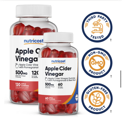 Nutricost Apple Cider Vinegar 500mg with Vitamin B12, Folate, Beet Root Powder & Pomegranate Juice Powder | 120 Servings | Improves Digestion, Gut Health and Controls Appetite | Apple Flavored ACV | 120 Gummies; Exp 11/2027