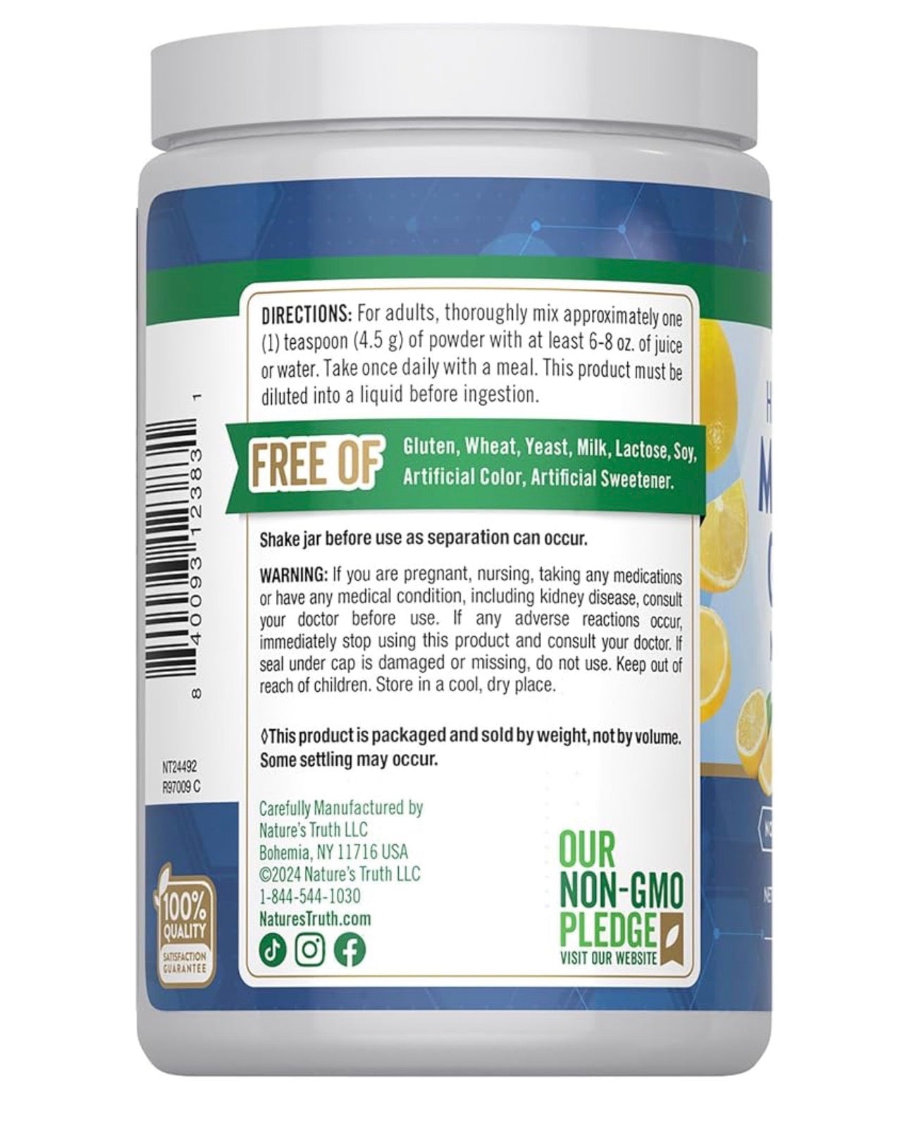 Nature's Truth Magnesium Glycinate 250mg Powder | Supports Muscle Relaxation | Supports Bone, Heart, and Nerve Health | 38 Servings | Lemon Flavor ~ 170g; Exp 10/2027