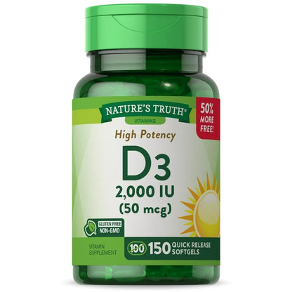 Nature's Truth Vitamin D3 2000iu (50 mcg) | High Potency | Supports Immune System, Hormone Health, Bone & Joint Health | 150 Softgels Exp 05/2027