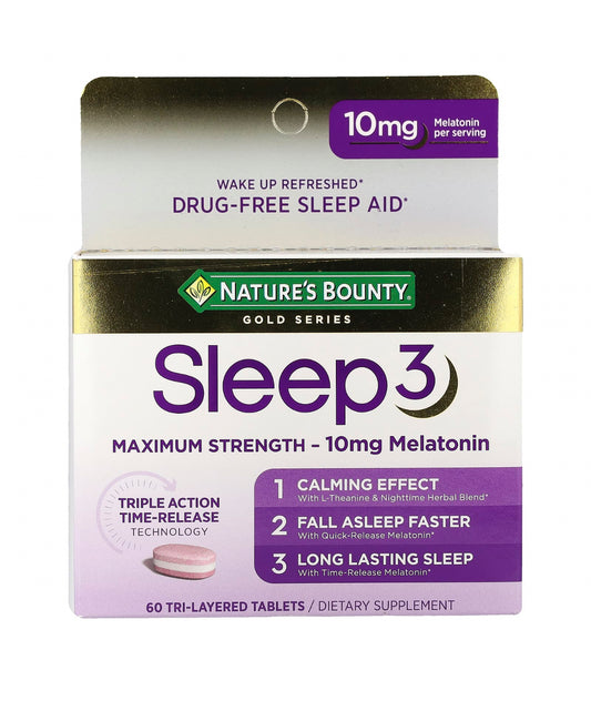Nature's Bounty Gold Series Sleep3 Maximum Strength Melatonin 10mg | 100% Drug Free Sleep Aid | L-Theanine & Nighttime Herbal Blend; Chamomile, Lemon Balm, Lavender, Valerian Root | Time Release Technology | 60 Tri-Layered Tablets; Exp 02/2026