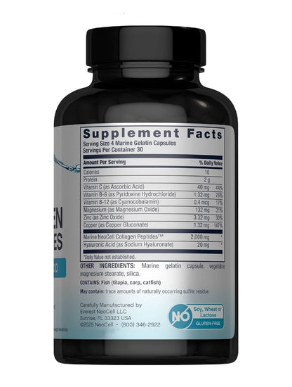 NeoCell Marine Collagen + Hyaluronic Acid & Vitamin C | With Collagen Type 1 & 3 | Improves Skin Hydration, Texture & Elasticity | With Hydrolyzed Collagen | Boosts Skin & Joint Health | 120 Capsule; Exp 05/2028