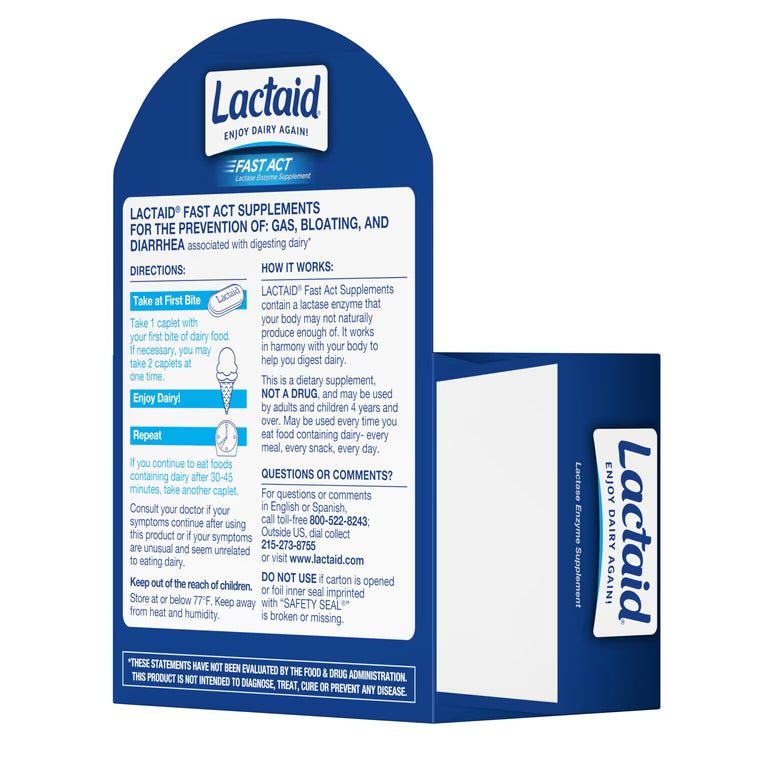 Lactaid Original Strength Lactase Enzyme | 9000 FCC Lactase Enzyme/Serving | 96 Servings | Prevents Gas, Bloating & Diarrhea Associated with Lactose Intolerance | Suitable for Adults & Children, Ages 4 & up | 96 Caplets; Exp 11/2028
