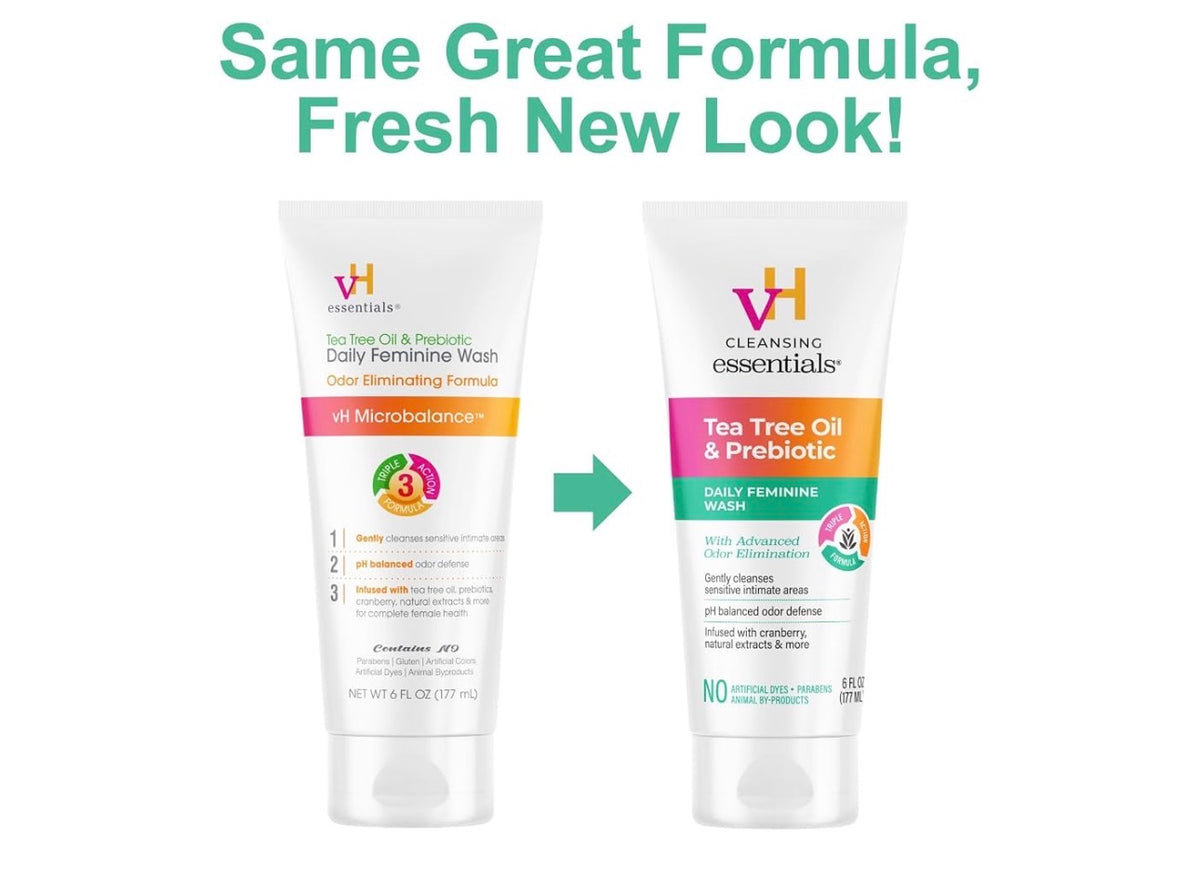 vH essentials Tea Tree Oil & Prebiotic Daily Feminine Wash | With Advanced Odor Elimination | 6oz/177ml *New Look