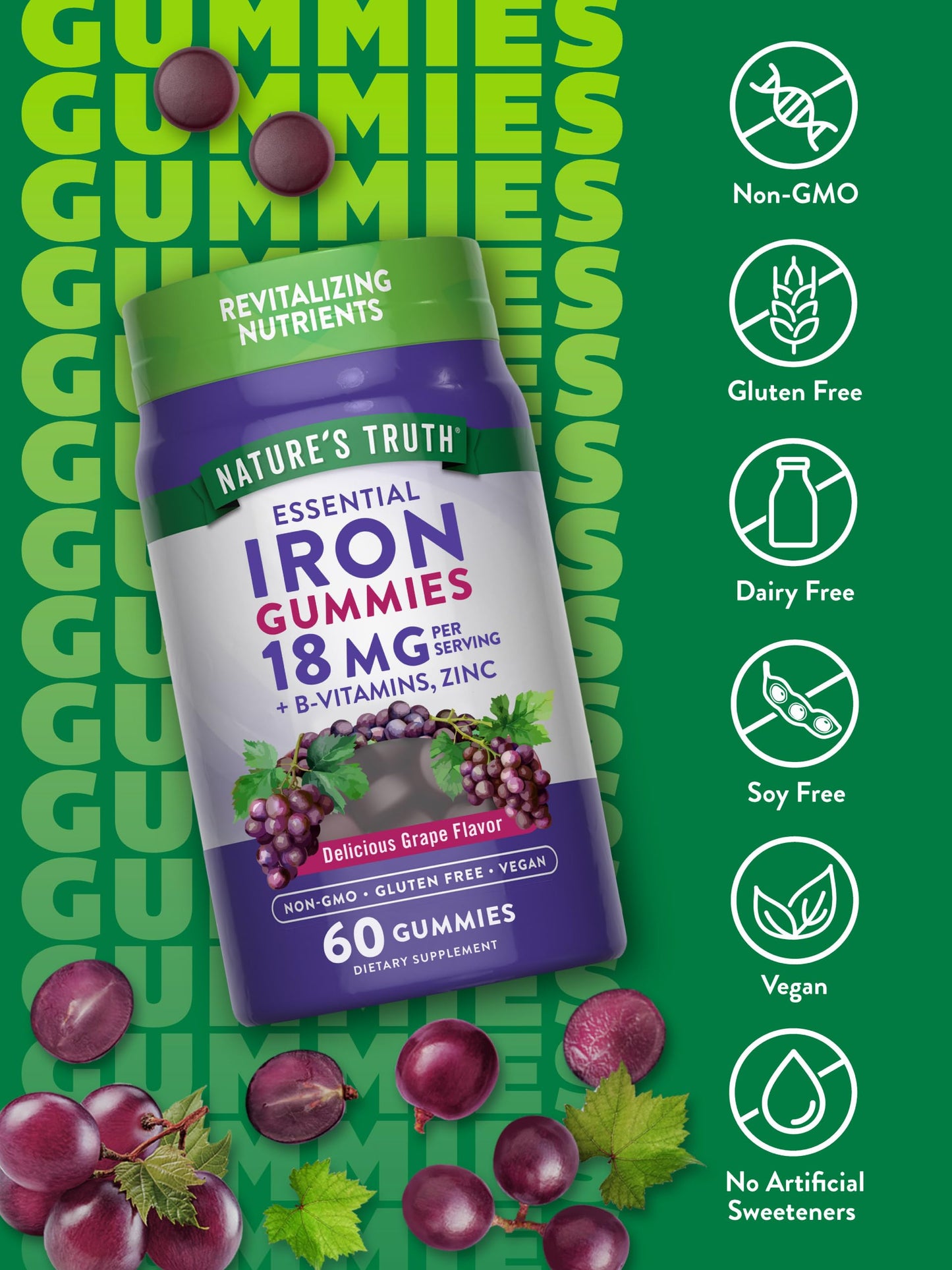 Natures Truth Iron Gummies | with Zinc & B Vitamins | Grape Flavor, 60 Gummies Exp 10/2025