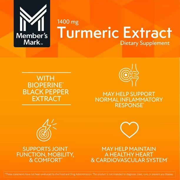 Member's Mark 1400mg Turmeric Extract with Bioperine | 1000mg Curcumin | Relieves Joint Inflammation & pain | 180 Capsules; Exp 11/2027