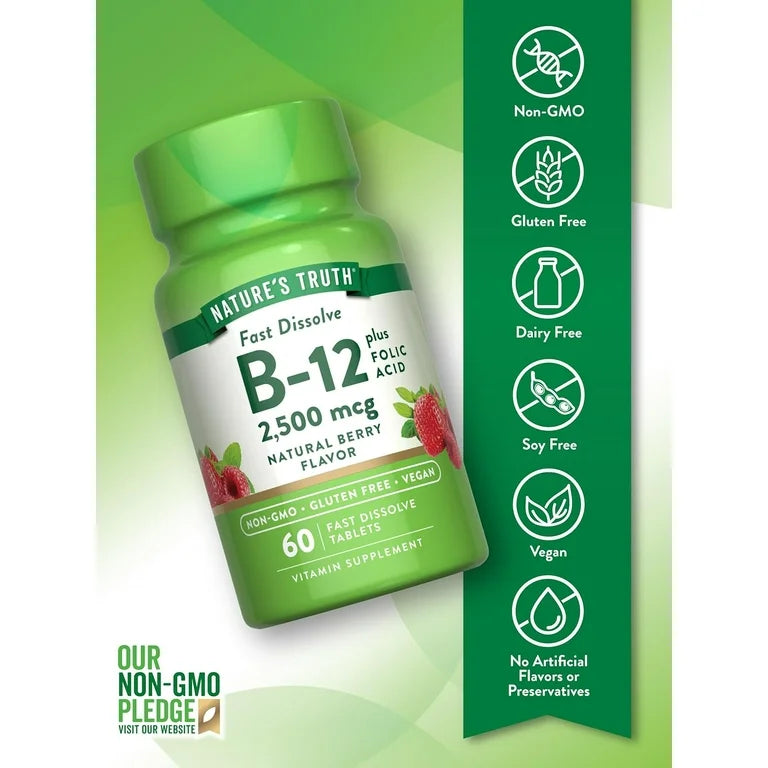 Nature's Truth Vitamin B-12 plus Folic Acid | Cyanocobalamin B12 2,500mcg & Folate 666 mcg DFE | 60 Chewable Tablets; Exp 01/2027