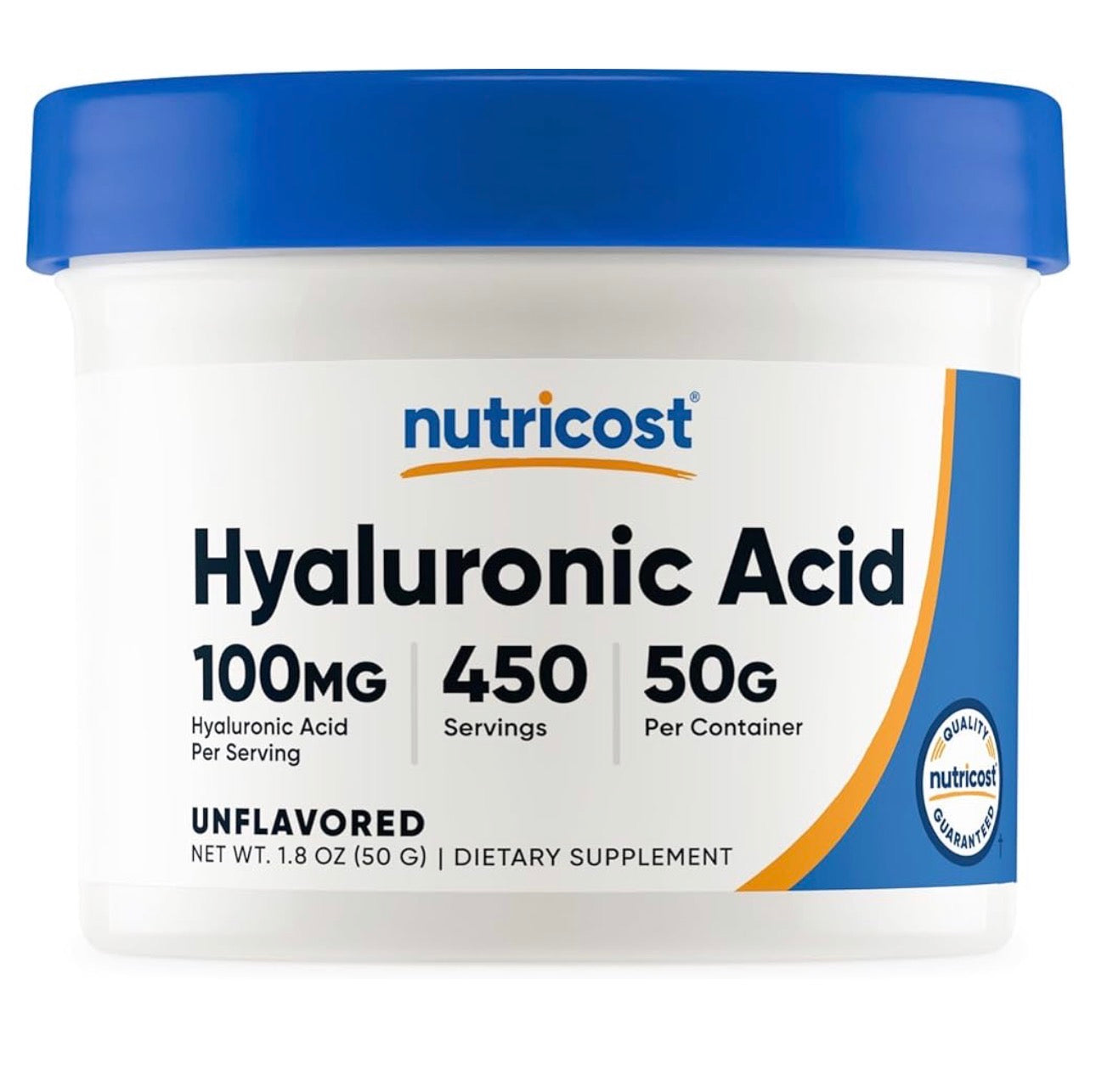Nutricost Pure Hyaluronic Acid Powder | 100mg per Serving; 450 Servings | Supports Healthy Connective Tissue and Joints | Promote Youthful Healthy Skin | Dietary Supplement or Topical Use | 50g; Exp 04/2028
