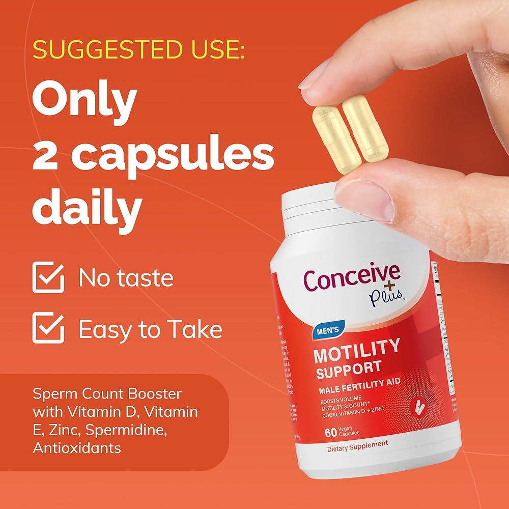 CONCEIVE PLUS Motility Support for Men | Formulated to Boost Sperm Volume & Motility | Vitamin D, Vitamin E, Zinc, Spermidine, Antioxidants | Enhances Sex Drive | 60 Capsules; Exp 11/2028 (New Look)