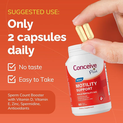 CONCEIVE PLUS Motility Support for Men | Formulated to Boost Sperm Volume & Motility | Vitamin D, Vitamin E, Zinc, Spermidine, Antioxidants | Enhances Sex Drive | 60 Capsules; Exp 11/2028 (New Look)