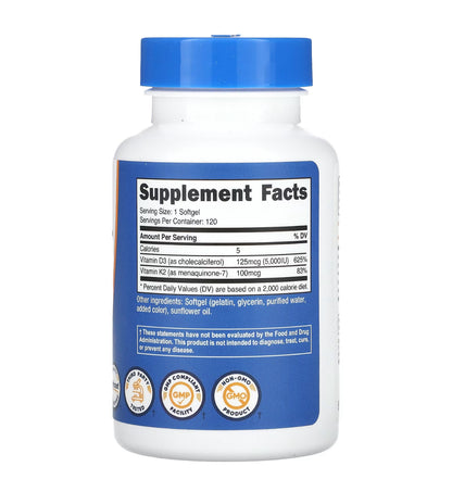 Nutricost Vitamin K2 (mk-7) 100mcg + Vitamin D3 5000iu (125mcg) | High Potency | Supports Immunity, Cardiovascular, & Bone Health | 120 Softgels; Exp 04/2028