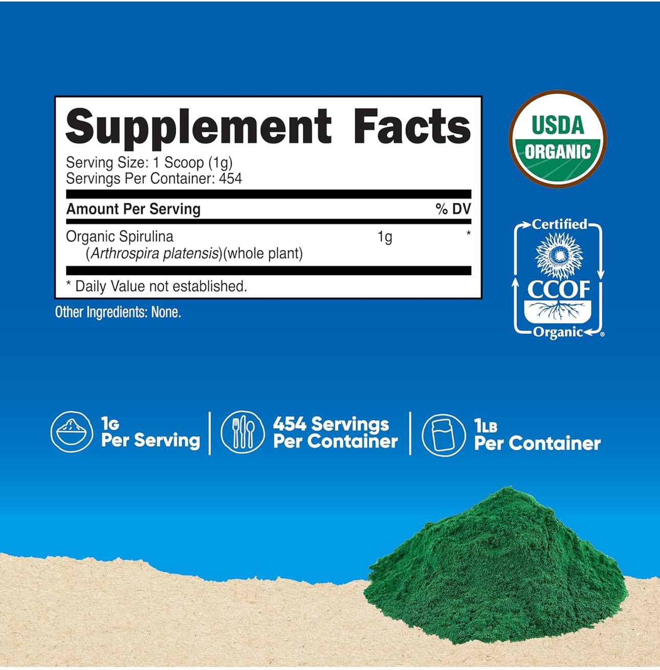 Nutricost Organic Spirulina 1000mg Powder - Pure | 454 Servings- Over 1 year Supply | 454g/1lb; Exp 01/2028