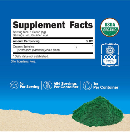 Nutricost Organic Spirulina 1000mg Powder - Pure | 454 Servings- Over 1 year Supply | 454g/1lb; Exp 01/2028
