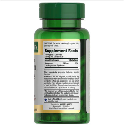 Nature's Bounty High Absorption Magnesium Glycinate 240mg | Supports Muscle Relaxation | Supports Bone, Heart, and Nerve Health | 60 Capsules; Exp 11/2028