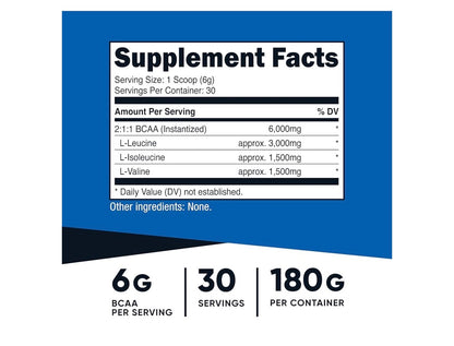 Nutricost BCAA 6000mg 2:1:1 Branched Chain Amino Acids (3000mg of L-Leucine, 1500mg of L-Isoleucine & L-Valine) | Post-Workout | Supports Muscle Recovery | 180 grams; Exp 03/2028