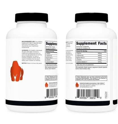 PRIMAL Nitric Oxide Booster 2250mg | L-Arginine & L-Citrulline Malate | 750mg Per Capsule | 60 Servings | 180 Capsules; Exp 07/2027