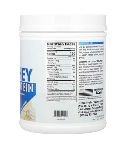 EVL 100% Whey Protein | Low Fat | Unflavored | 1 lb (454 g) Exp 01/2027