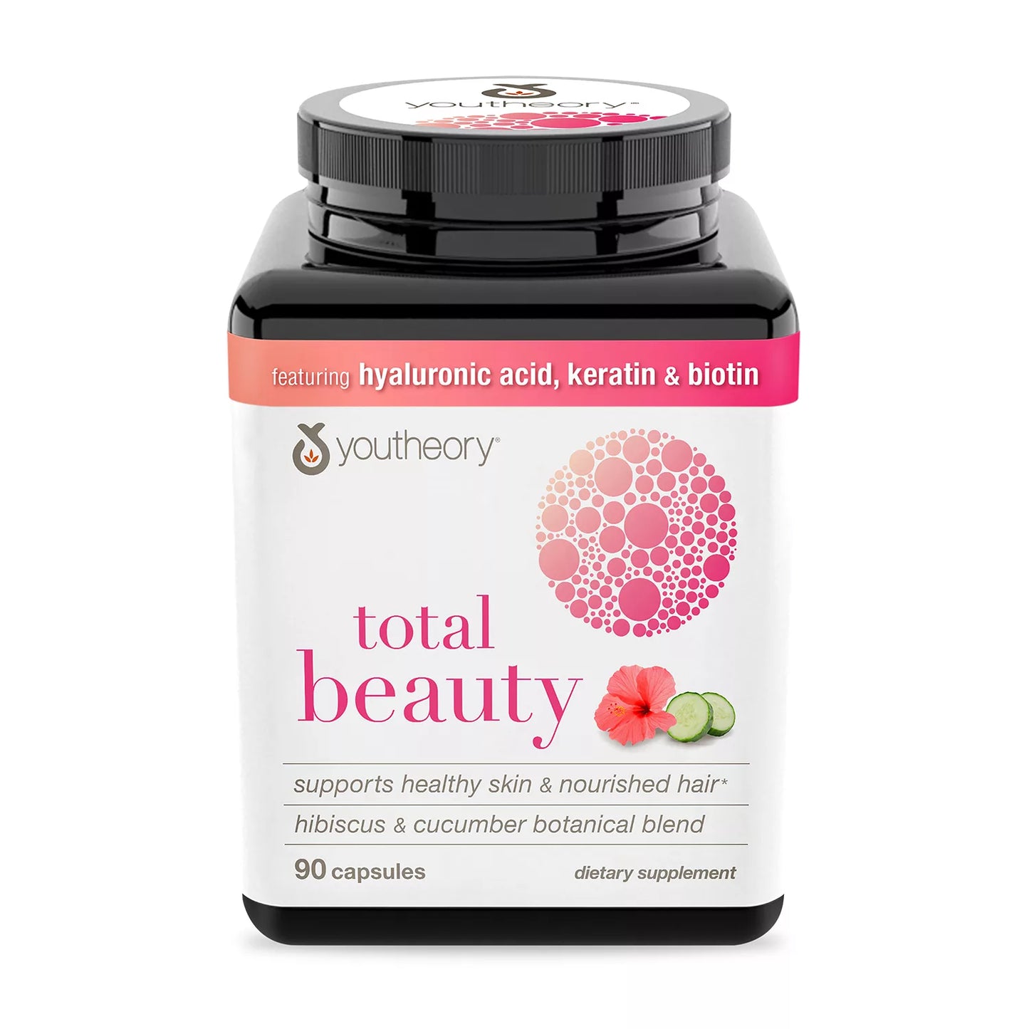 Youtheory Total Beauty Hyaluronic Acid, Collagen Peptides, Keratin & Biotin | 45 Day Supply | with Vitamin B6, Niacinamide, Pantothenic Acid | Supports Healthy Skin & Nourished Hair | 90 Capsules; Exp 10/2025