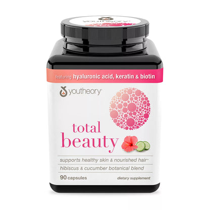 Youtheory Total Beauty Hyaluronic Acid, Collagen Peptides, Keratin & Biotin | 45 Day Supply | with Vitamin B6, Niacinamide, Pantothenic Acid | Supports Healthy Skin & Nourished Hair | 90 Capsules; Exp 10/2025