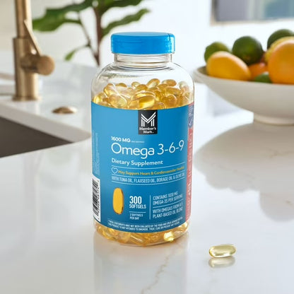 Member's Mark Omega 3-6-9 1600mg | with Esterified Tuna Fish Oil, Cold Pressed Flaxseed Oil, Safflower Oil, Borage Oil, Extra Virgin Olive Oil & Evening Primrose Oil | 300 Softgels; Exp 09/2027