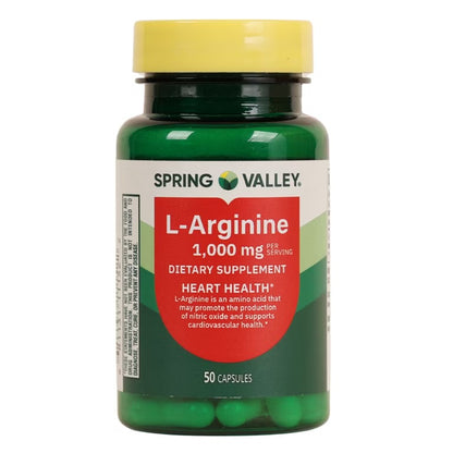 Spring Valley L-Arginine 1000mg | Energy & Cardiovascular Support | 50 Caplets; Exp 10/2027