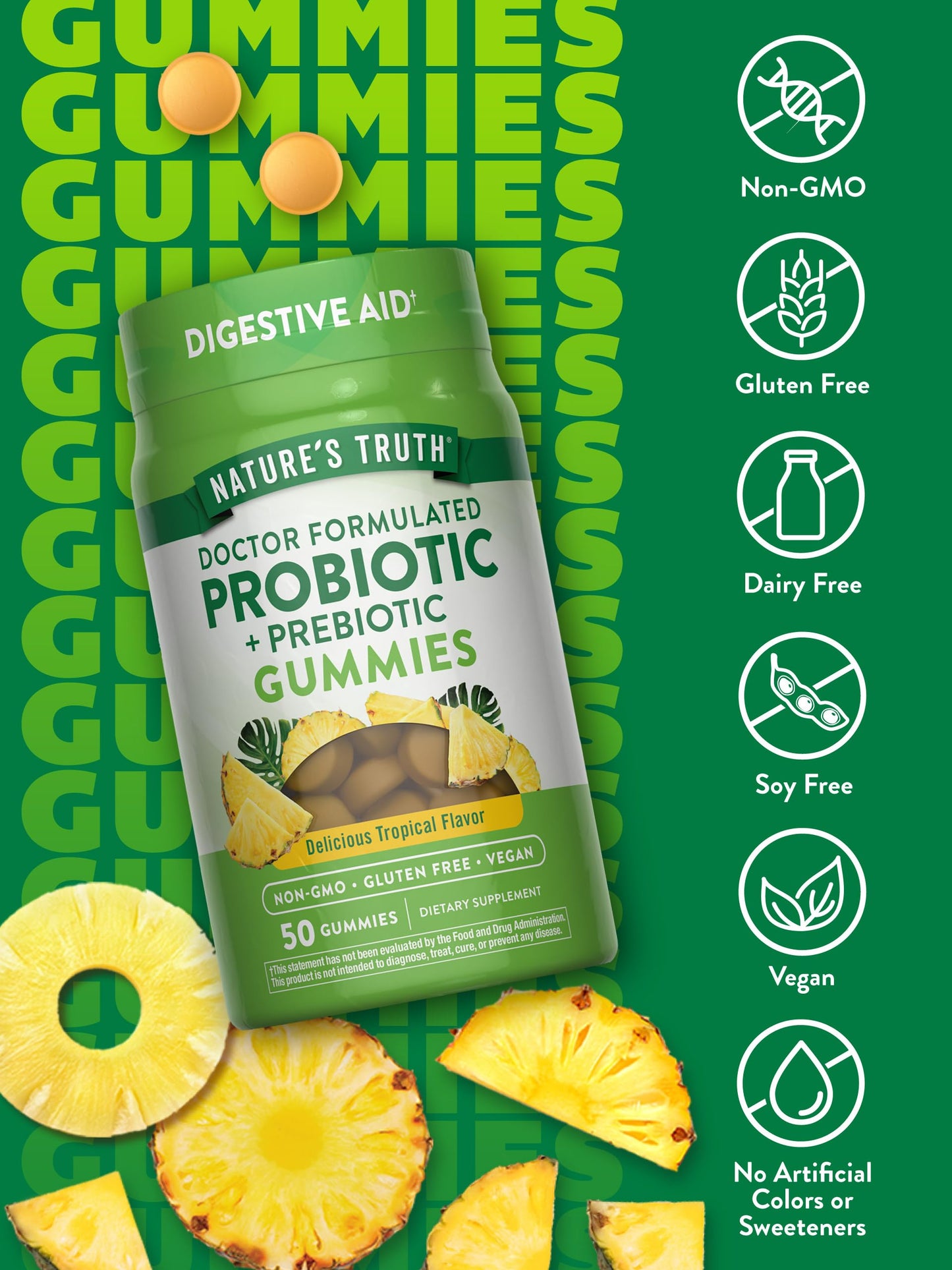 Nature's Truth Probiotic Gummies for Adults- 1 Billion Cultures | Digestive Health | Delicious Tropical Flavor, 50 Gummies Exp 05/2025