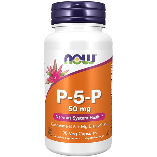 NOW P-5-P 50mg with Coenzyme B-6 + Magnesium Bisglycinate | P5P-Bioactive B6 | Catalyses Many Biochemical Processes including Energy Metabolism & Neurotransmitter Function | 90 Capsules; Exp