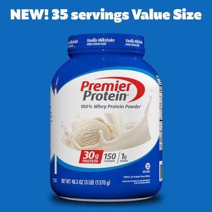 Premier Protein 100% Whey Protein Powder | 35 Day Supply | 30g Protein | Value Size | Vanilla Milkshake ~ 48.3oz/1370g/3LB; Exp 12/2026