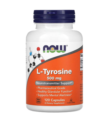 Now L-Tyrosine 500mg | Supports Mental Alertness & Healthy Glandular Function | Neurotransmitter Support | 120 Capsules; Exp 09/2028