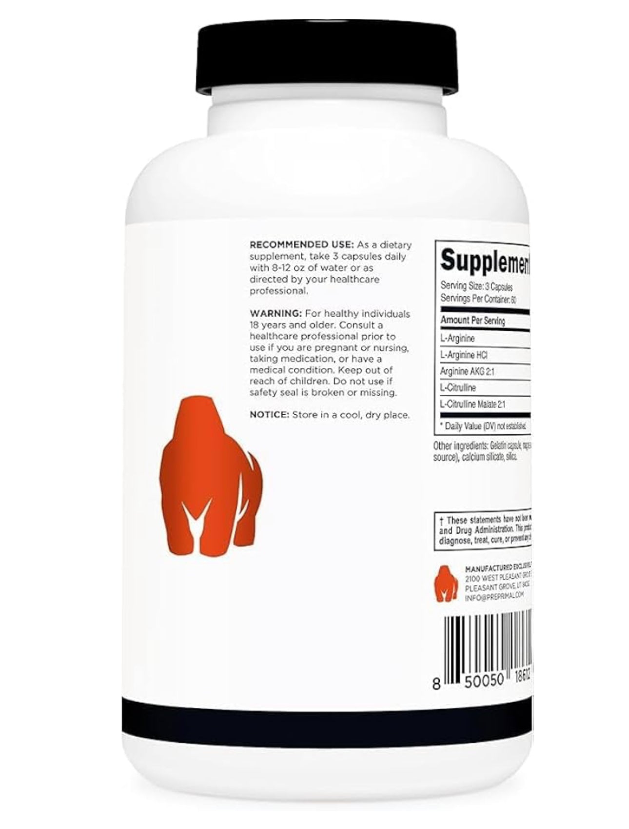 PRIMAL Nitric Oxide Booster 2250mg | L-Arginine & L-Citrulline Malate | 750mg Per Capsule | 60 Servings | 180 Capsules; Exp 07/2027