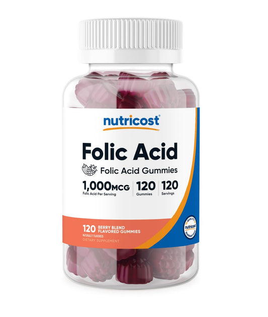 Nutricost Folic Acid 1000 mcg Gummies | Folate 1665 mcg DFE | Supports Brain Health, Cell Growth & Red Blood Cell Formation | Improves Fertility | Supports Fetal Development | Vitamin B9 | 120 Gummies; Exp; 08/2027