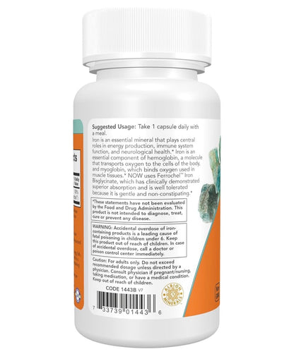 NOW Iron 18mg | Ferrochel Iron Bisglycinate | Non-Constipating | Supports Energy Production, Immune System Function & Neurological Health | 120 Capsules; 06/2030