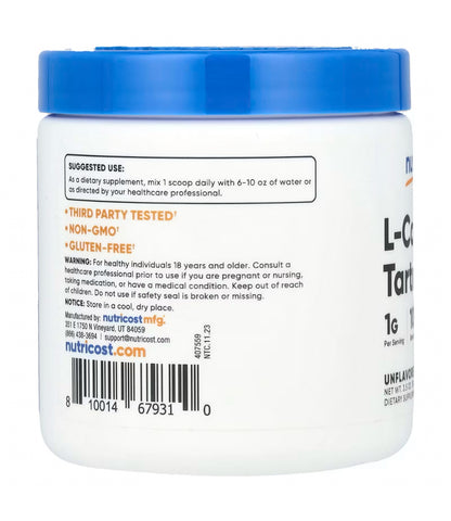 Nutricost L-Carnitine Tartrate 1000mg (1g) |  Pure L-Carnitine Powder | 100 Servings | Unflavored - 3.5oz/100g Exp 05/2027